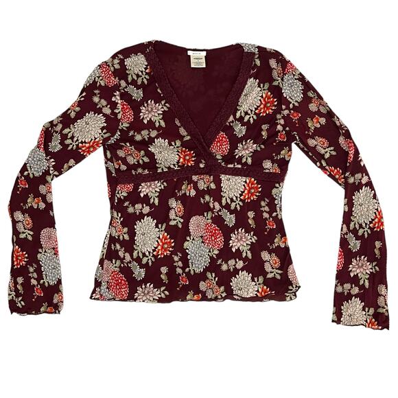 Old Navy MEDIUM Maroon Floral Empire Waist V-Neck Bust Detail Blouse Top - Picture 14 of 16